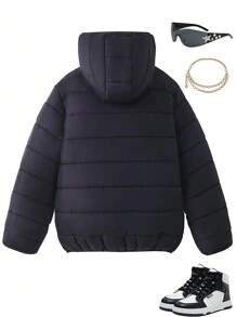 SHEIN جاكيت منفوخ أسود مبطن بالصوف ذو أكمام طويلة وغطاء رأس للفتيات المراهقات، أسلوب هالوين والخريف - الأسود - مشاهدة 3