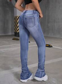 SHEIN 少女Y2K时尚水洗毛边喇叭牛仔裤，秋季返校街头风 - 深色水洗藍 - 查看 2