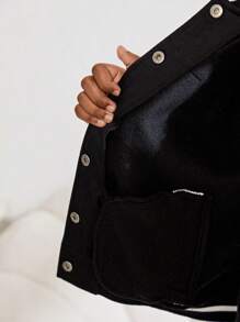 Tween Girl Contrast Color Patching Badge Loose Bomber Jacket - Black and White - View 8