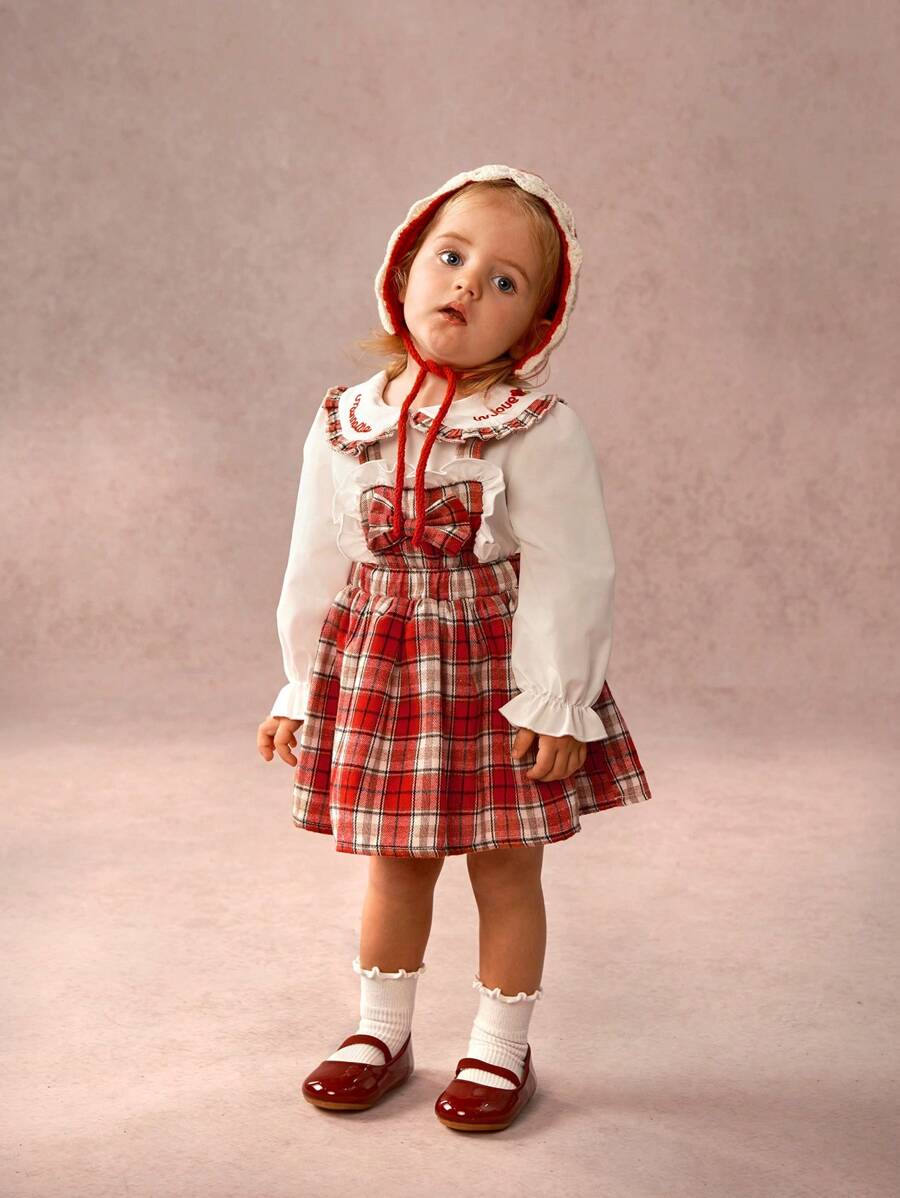 SHEIN Baby Girls Casual Plaid Patchwork Collared Shirt And Bow Tie Skirt Set, Autumn - White - View 1