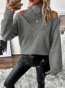 Chiquease Women's Solid Color Long Sleeve Casual Sweater For Autumn/Winter, Knit Pullover Fall - Dark Grey - View 5