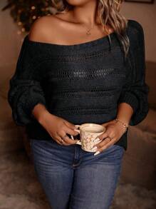 SHEIN LUNE Talla grande Jersey de punto de malla de cuello barco de manga murciélago