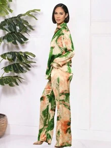 Women's Elegant Long Sleeve Lapel Single-Breasted Shirt Top With Elastic Waist Pocket Straight-Leg Pants Fashionable Casual Printed Holiday 2pcs Outfit - Green - View 4