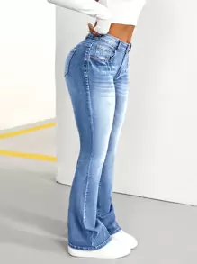 SHEIN PETITE Women's Pocket Design Flared Casual Denim Jeans - Light Wash - View 2