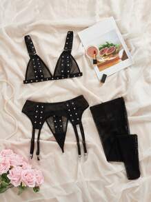 SHEIN 女士铆钉装饰网眼撞色性感内衣套装 - 黑色 - 查看 1