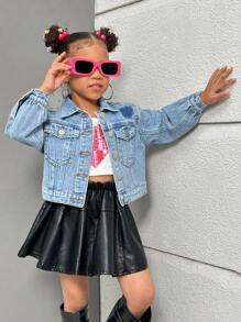 SHEIN Explorewe Young Girls Washed Light Blue Denim Jacket With Heart Shadow Design, Casual & Fashionable - Medium Wash - View 7