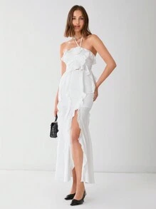 Enchnt Top informal sin mangas con decoración floral 3D, ribete con volantes y lazo en el cuello para mujer - Blanco - Ver 4