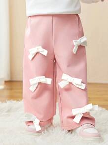 SHEIN Baby Girl Cute Pink Bow Elastic Waist Pants, Autumn/Winter