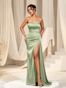 Faeriesty 女士优雅褶皱胸部露背系带开衩大腿缎面正式婚礼派对礼服，夏季度假装 - 綠色 - 查看 3