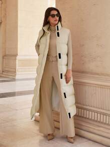 RueChic Longline Puffer Gilet, Extra-Long Puffer Vest - Beige - View 5