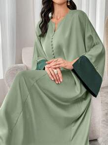 Al Najma Đầm Maxi Ả Rập Tay Loe Màu Tương Phản Cổ Chữ V Cho Nữ, Đầm Dài Tay Phong Cách Thanh Lịch, Trang Trọng, Che Phủ Toàn Bộ, Thích Hợp Cho Các Bữa Tiệc Thường Ngày/Ngày Lễ/Buổi Tối/Khách Dự Tiệc Cưới - màu xanh lá - Xem 7