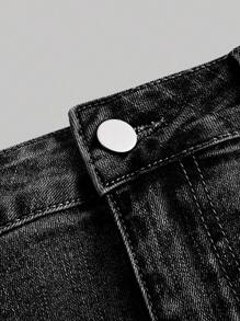 SHEIN MOD Women Pockets Frayed Hem Short Denim Skirt - Black - View 3