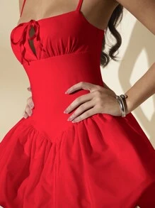 SHEIN BAE Women's Sexy Solid  Strap Bow Tie Fitted Romantic Sweet Bubble Dress For Date