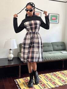 SHEIN 少女优雅纯色格子复古时尚长袖短款连帽连衣裙 - 彩色 - 查看 5
