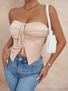 Zolique 優雅的緞面褶皺短款無肩帶上衣，側開叉款，適用於夏季 - 杏色 - 查看 1