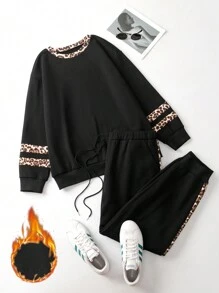 SHEIN LUNE Plus Size Women 2pcs Set - Solid Color & Leopard Print Long Sleeve Crew Neck Top And Pants - Black - View 1