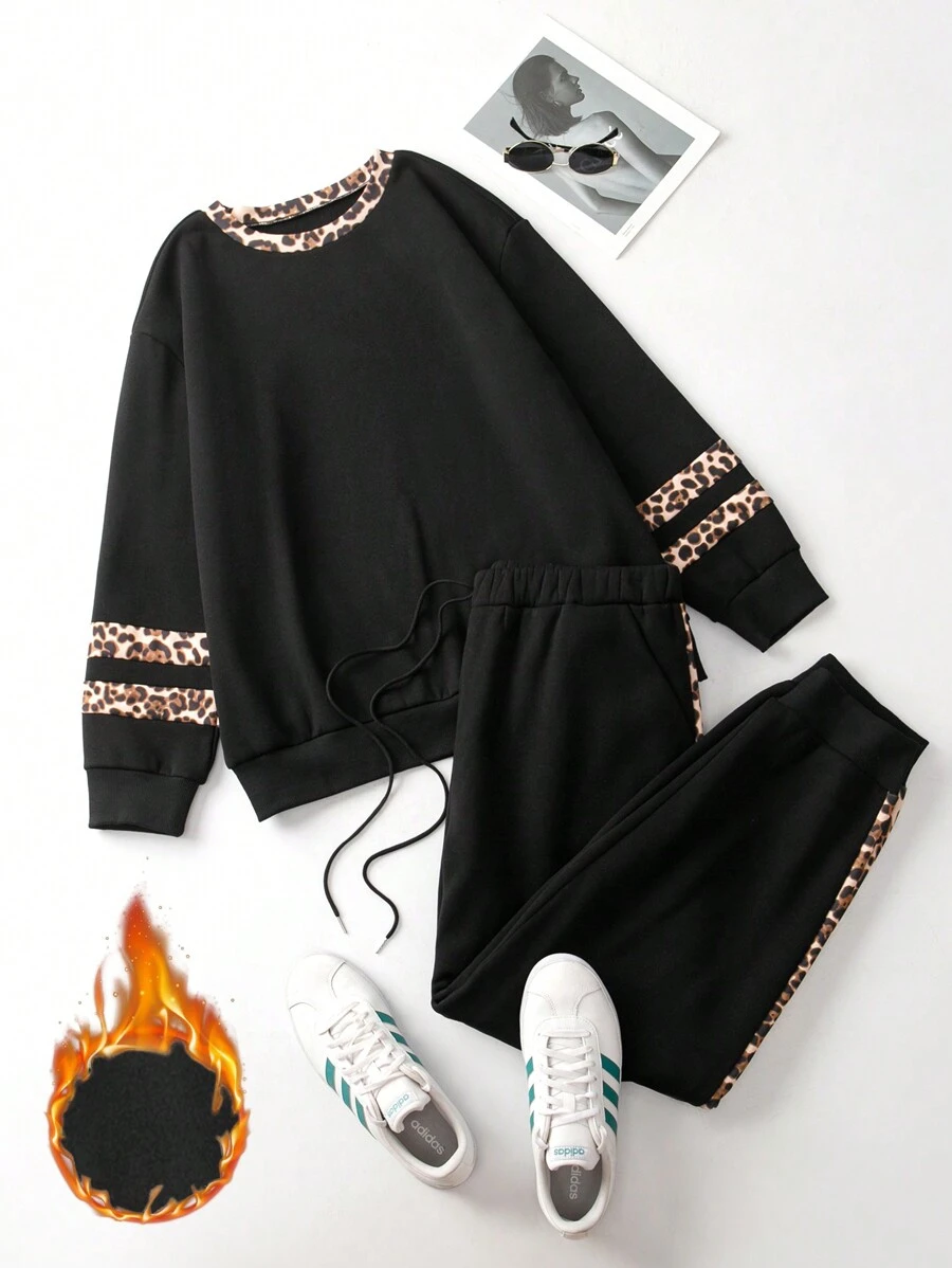 SHEIN LUNE Plus Size Women 2pcs Set - Solid Color & Leopard Print Long Sleeve Crew Neck Top And Pants - Black - View 1