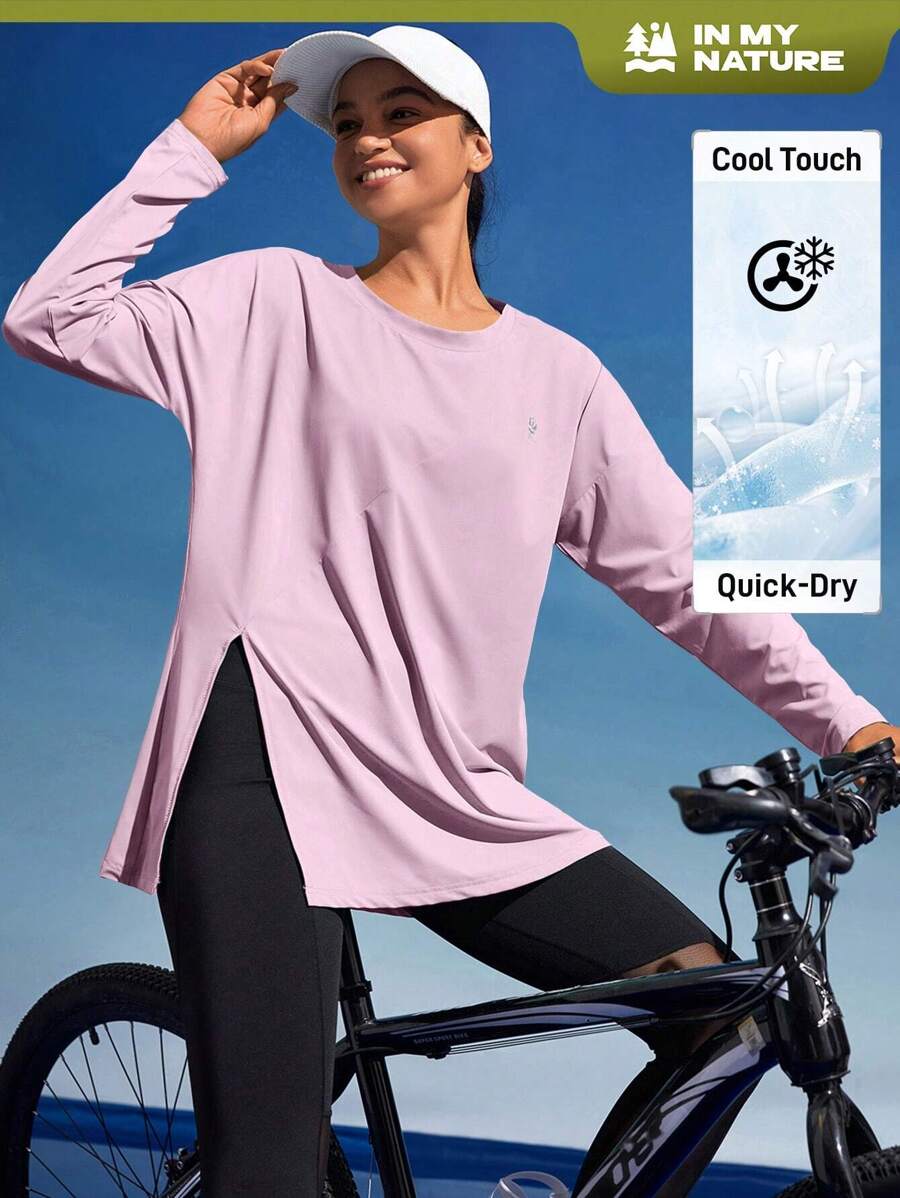 In My Nature Women's Round Neck Long Sleeve Printed Casual Outdoor T-Shirt With Slit Plain T Shirt Hiking Women Clothes - Pink - View 1