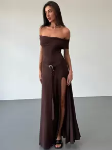 Aloruh Y2K Stylish Off Shoulder High Slit Fishtail Hem Maxi Brown Dress For Women - Brown - View 4