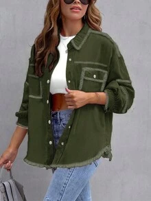 Women's Solid Color Simple Everyday Long Sleeve Frayed Denim Jacket - Army Green - View 4