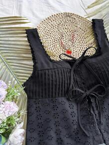 Soleia 女士浪漫田园白色撞色蕾丝前开领带蝴蝶结短款衬衫，可爱午餐休闲外出派对上衣，可在室内或室外穿着，返校服装 - 黑色 - 查看 5