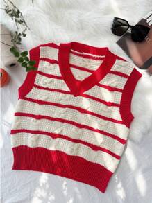 Zolique New Striped V-Neck Red And White Color Embossed Jacquard Simple Vest, Fall/Winter - Red and White - View 1