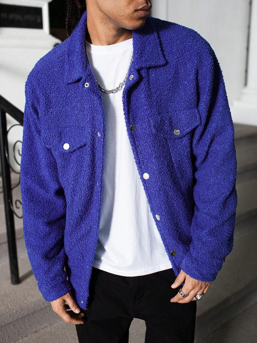 Manfinity Homme Herren Jacke mit einfarbigem Front-Knopf und Tasche, schlichte Lässig Jacke, Ausgeh-Thermojacke mit langen Ärmeln, für Schule, Freunde, Ehemann, Freund als Geschenk