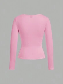 SHEIN EZwear 2pcs Women's Square Neck Skinny Long Sleeve Casual T-Shirt Set, Suitable For Autumn And Winter