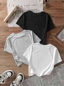 SHEIN EZwear 3pcs Set Classic Car & Motorcycle Print Crew Neck Tight Cropped T-Shirts For Women, Suitable For Summer - Multicolor - View 2