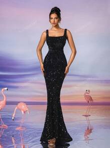 AOSHABABI Eternal Classic - Recreando la elegante belleza de la era de Herben, vestido de noche formal de terciopelo gris con cuello cuadrado, lentejuelas y silueta de sirena. Apropiado para todas las ocasiones formales, invitados de bodas, festivales de música, fiestas festivas, fiestas de cóctel, citas, vacaciones, bailes y vestido de dama de honor formal maxi, vestido de fiesta