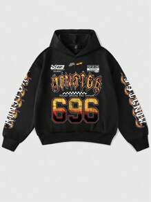 ROMWE MEN Street Life Men's Retro Graphic Print Loose Cropped Hoodie
