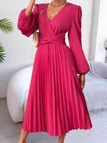 SHEIN Clasi Vestido de manga larga con cuello en V sólido, con pliegues de torsión, informal para uso diario, para mujer - Rosa Fucsia - Ver 1