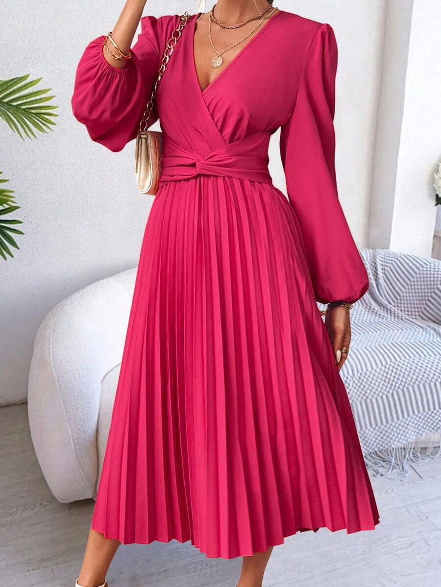 SHEIN Clasi Vestido de manga larga con cuello en V sólido, con pliegues de torsión, informal para uso diario, para mujer - Rosa Fucsia - Ver 1