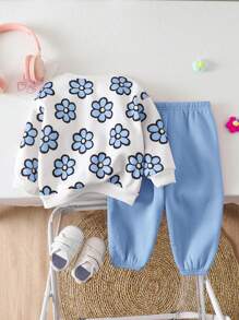 SHEIN 2pcs/Set Baby Girl Autumn/Winter Outdoor Casual Pink Knitted Floral Hoodie & Sweatpants Set, Suitable For Outdoor, Party & Other Occasions