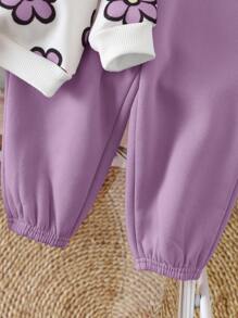 SHEIN 2 件套女婴服装：保暖内衬花卉印花套头衫和裤子，适合秋冬季户外、派对和休闲穿着 - 紫色 - 查看 9