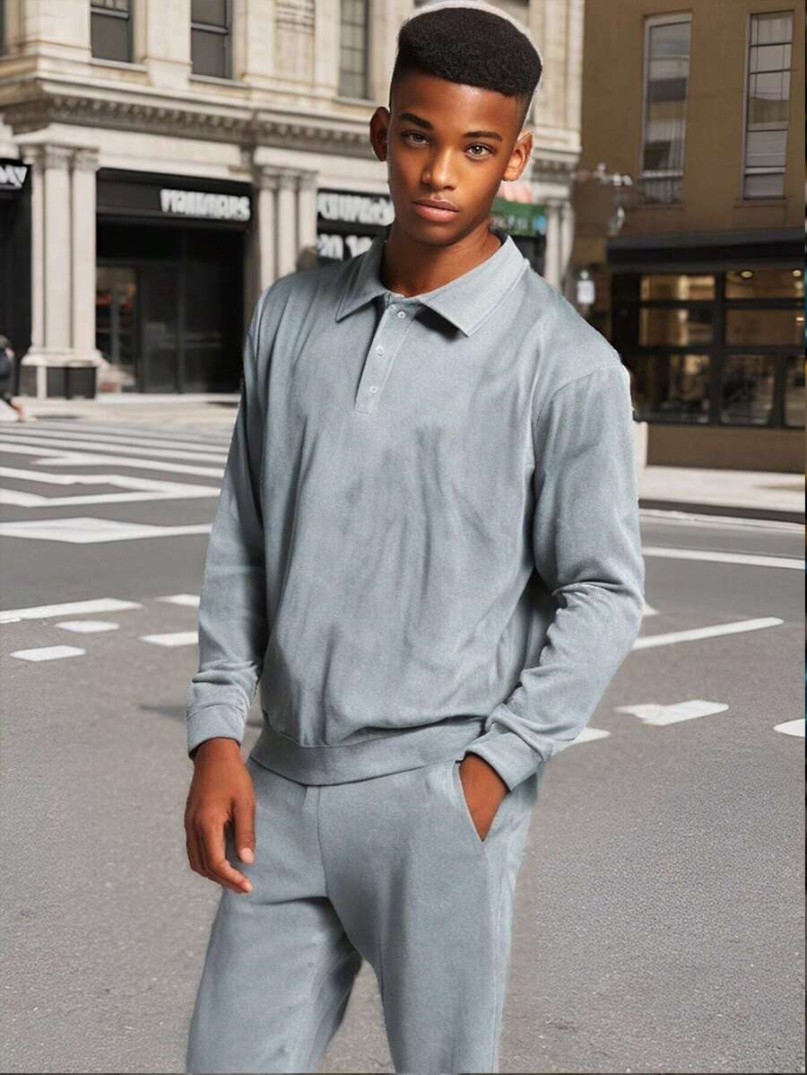 2件套青少年休闲长袖套装 - 灰色 - 查看 1