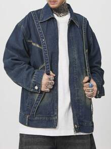 Manfinity EMRG 男士长袖翻领简约牛仔夹克，休闲日常穿着 - 藍色 - 查看 3