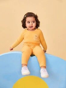 SHEIN Baby Girls Thermal Lined Bear Embroidered Base Layer Outfit, Warm Winter - Multicolor - View 5