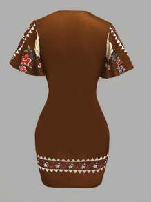 VaVaBold Vestido elegante ajustado con cuello en V con estampado floral, mangas cortas con volantes para mujer - Multicolor - Ver 2