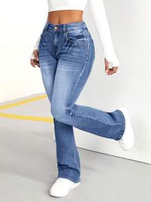 SHEIN PETITE Quần Jeans Denim Ôm Vừa Vặn Thường Ngày Cho Nữ - Rửa trung bình - Xem 4