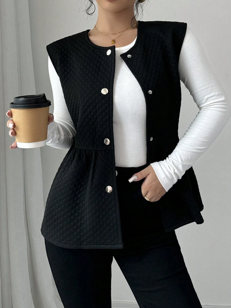 Chiquease 女士时尚休闲修身纽扣式无袖夹克 - 黑色 - 查看 1