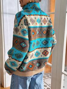 SHEIN Essnce Women Autumn And Winter Fair Isle Geometric Print Pullover Sweatshirt,Quarter Zip,Teddy ,Christmas Clothes,Winter Clothes,Fall Clothes,Zip Up Women Hoodie,Fall Outfits, Long Sleeve Tops - Multicolor - View 2