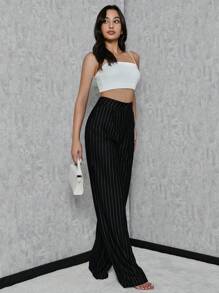 SHEIN Tall Womens Striped Navy Blue Pants - Black - View 3