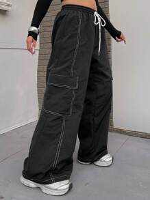 Flirla 加大码弹力腰带抽绳撞色口袋工装裤