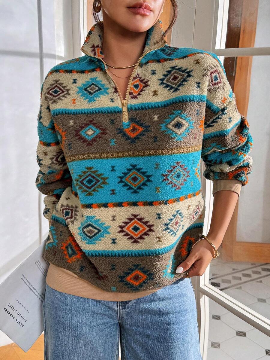 SHEIN Essnce Women Autumn And Winter Fair Isle Geometric Print Pullover Sweatshirt,Quarter Zip,Teddy ,Christmas Clothes,Winter Clothes,Fall Clothes,Zip Up Women Hoodie,Fall Outfits, Long Sleeve Tops - Multicolor - View 1