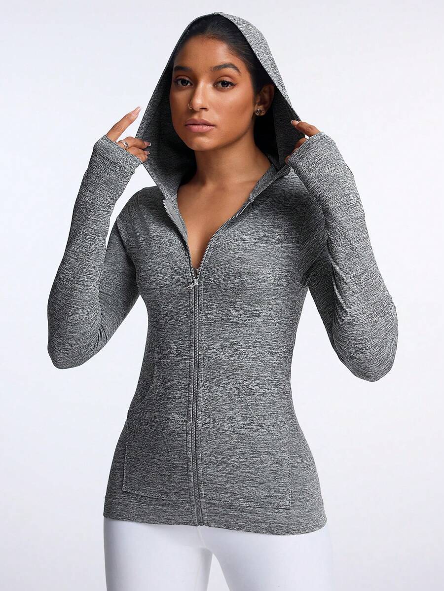 SHEIN Sports Áo thun thể thao trùm đầu cổ khóa kéo dài tay màu trơn cho nữ, mùa xuân và mùa thu - Xám - Xem 1