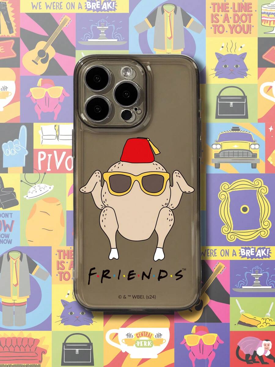 FRIENDS X SHEIN Funda de teléfono transparente negra con dibujos animados de un pavo y estampado de letras, un regalo de Acción de Gracias