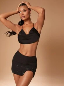 Hauture Sexy Diamond Decor Slit Bodycon Mini Skirt