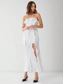 Enchnt Falda casual de vacaciones con pliegues, volantes y abertura en el bajo, de unicolor para mujer - Blanco - Ver 3