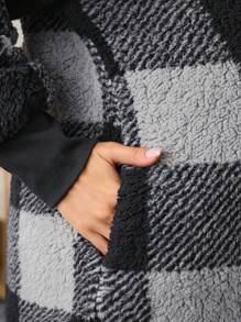 SHEIN Maternity Buffalo Plaid Pattern Drop Shoulder Hooded Teddy, Hooded Teddy Coat, For Winter - Black and White - View 4